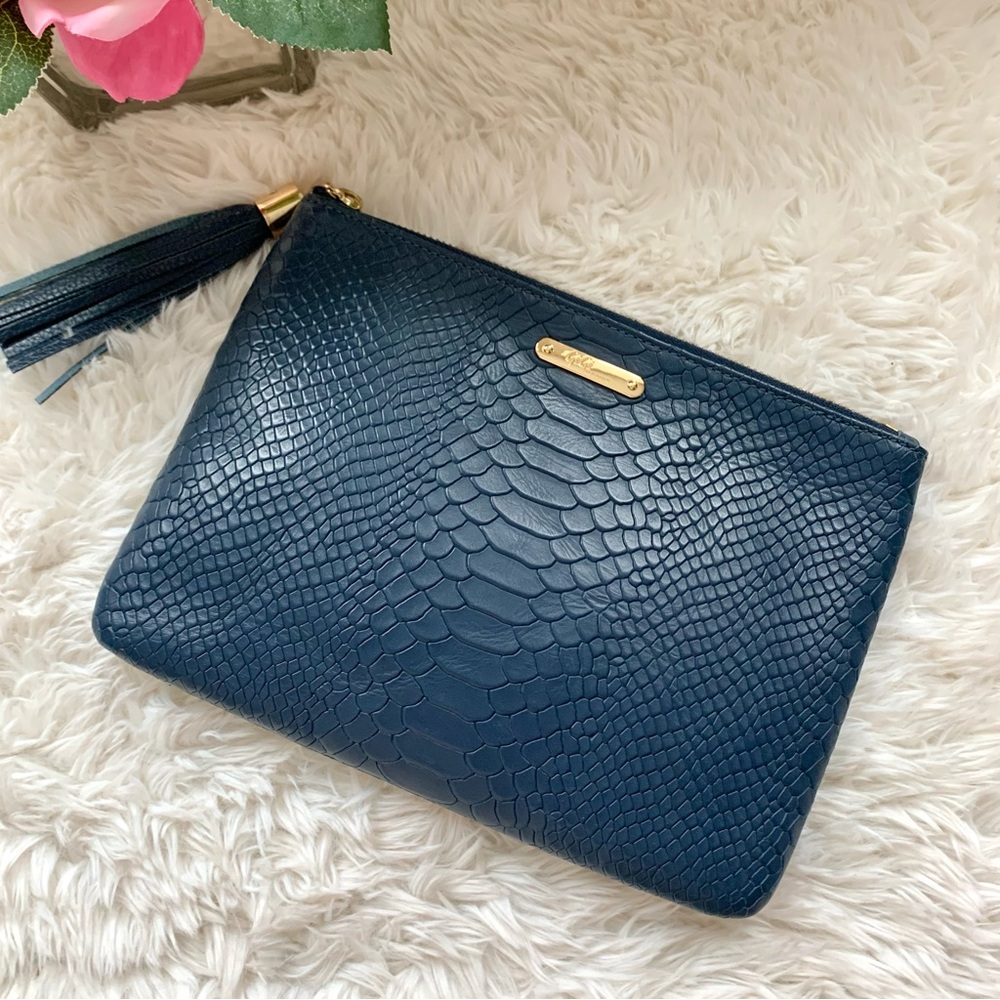Gigi NY Python Embossed Textured Leather Clutch All in One Bag in navy blue